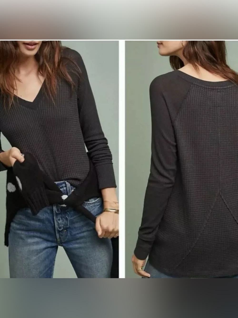 Anthropologie Maeve charcoal gray waffle ribbed thermal long sleeve shirt xs